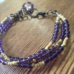 Purple and Tan Triple Strand Ladies Beaded Bracelet, Handmade Ladies Bracelet
